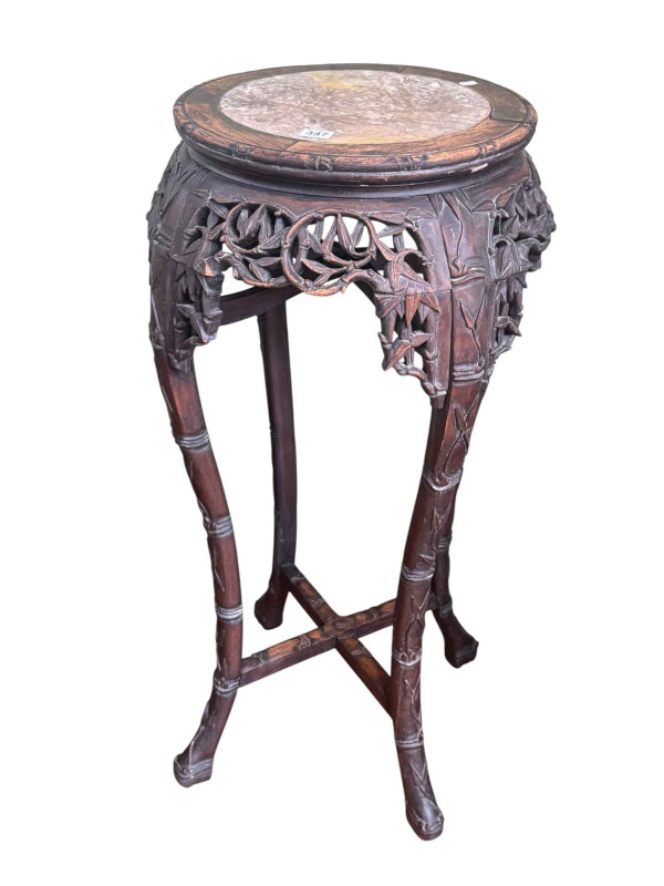 Chinese carved hardwood and marble inset top jardiniere stand, 92cm.
