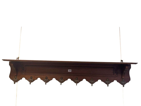 Oak eight hook wall mounted coat rack, 26cm by 123cm by 21cm.