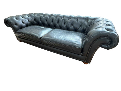 Black buttoned leather and studded three seater Chesterfield settee, 67cm...