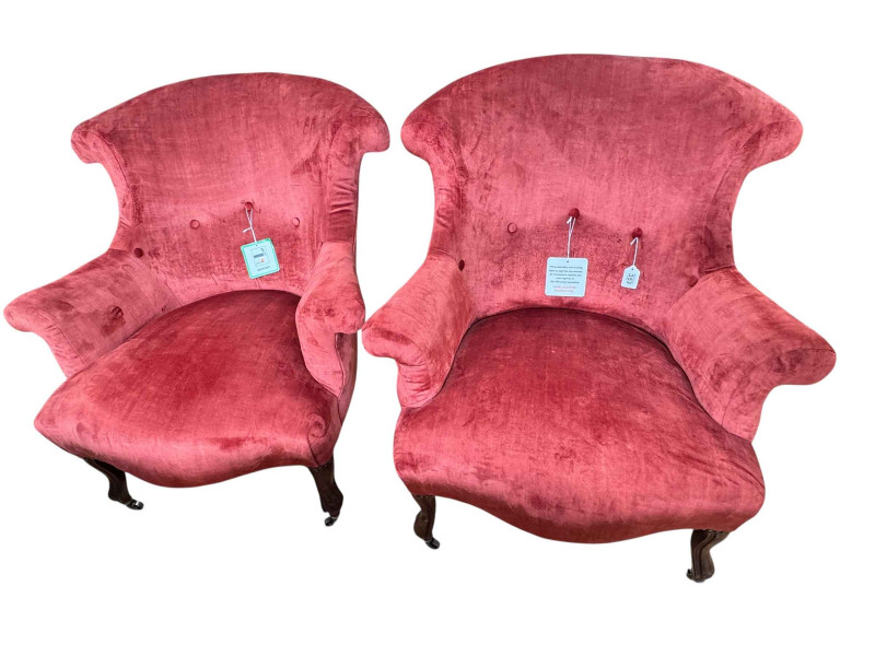 Pair Edwardian tub armchairs re-upholstered in buttoned draylon.