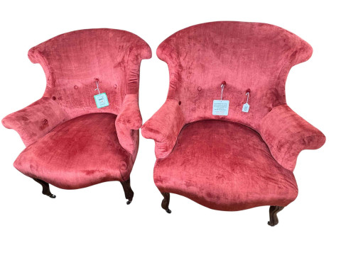 Pair Edwardian tub armchairs re-upholstered in buttoned draylon.