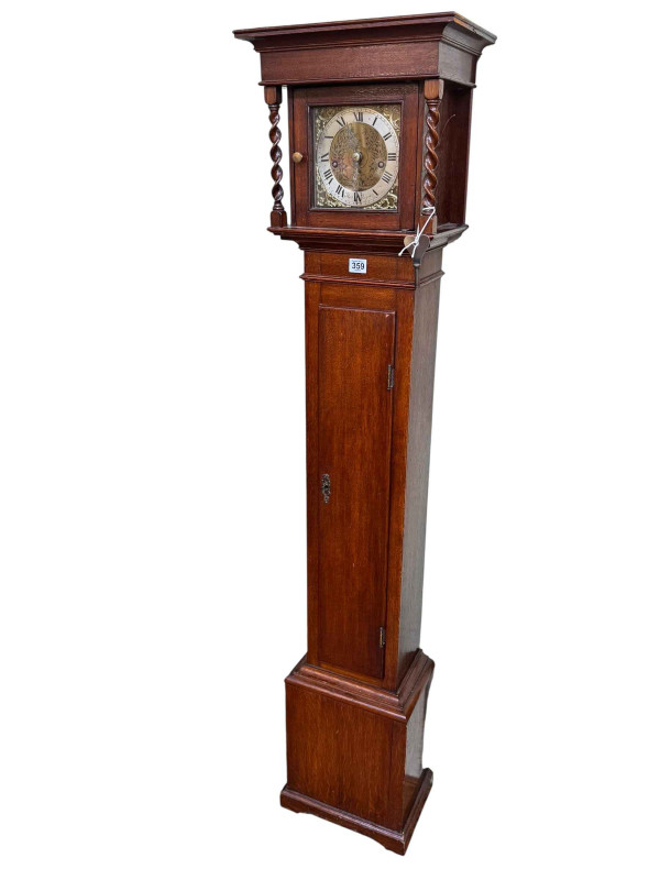 Jacobean style oak 8-day grandmother clock having engraved brass dial with silvered chapter ring, 158cm.