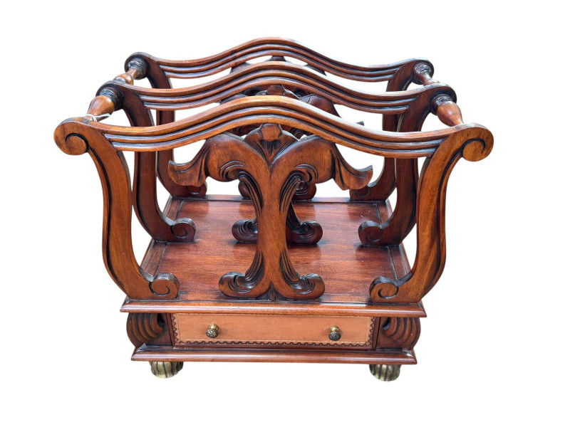 Old Imports, Italy William IV style two-division Canterbury with leather inset base drawer, 54.5cm by 57cm by 33cm.