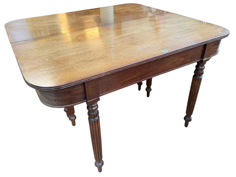 Pair 19th Century mahogany D-End tables on turned reeded legs, 74.5cm by 126cm by 116.5cm (tables joined).