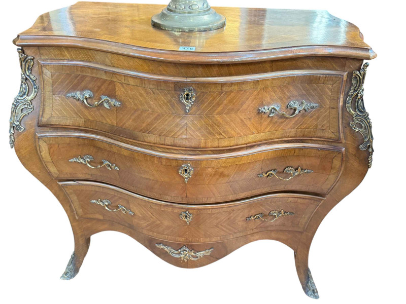 Continental walnut and gilt metal mounted three drawer serpentine front chest, 82cm by 85cm by 46cm.