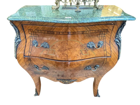 Continental inlaid and brass mounted marble topped two drawer bombe front...