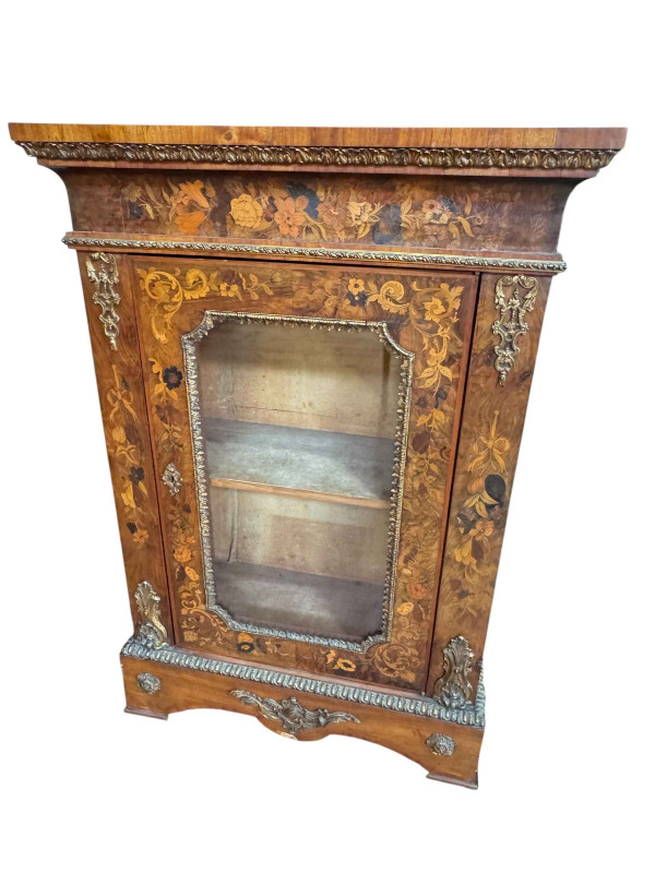 Victorian floral marquetry inlaid and gilt metal mounted glazed panel door pier cabinet, 111.5cm by 77cm by 34cm.