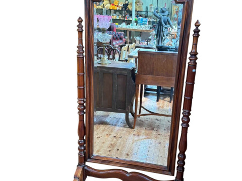 Mahogany arched top bevelled cheval mirror with turned supports, 186cm...