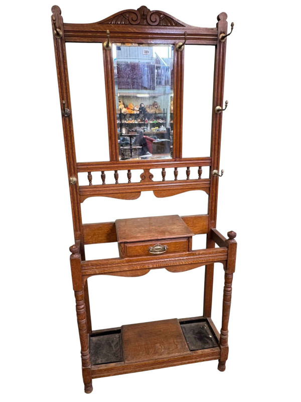 Edwardian oak mirror back hallstand, 197cm by 83.5cm by 30cm.