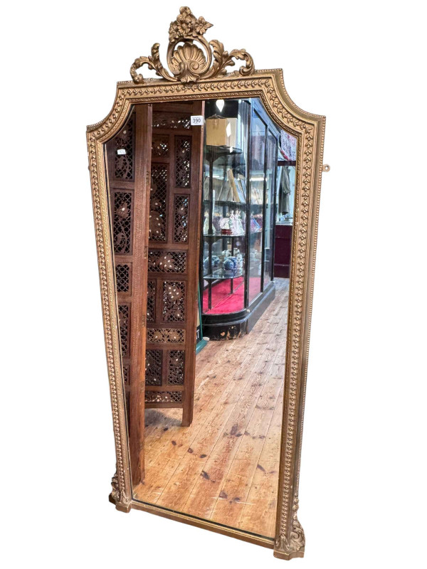 Rectangular arched top wall mirror in painted gilt frame, 167cm by 78cm.