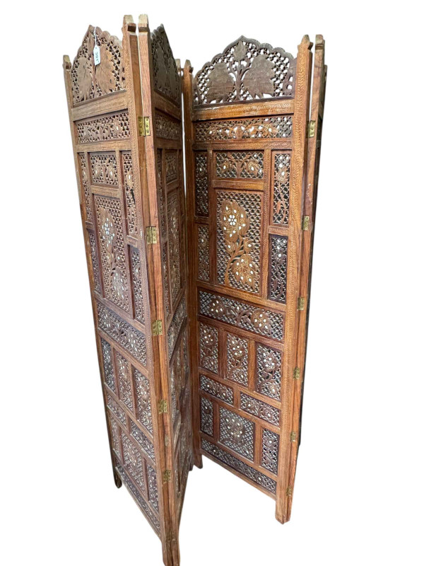 Indian carved hardwood and inlaid four-fold vanity screen, 185cm.