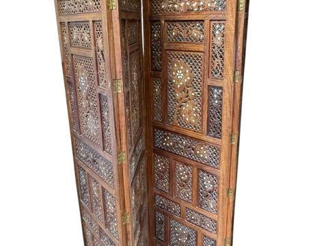 Indian carved hardwood and inlaid four-fold vanity screen, 185cm.