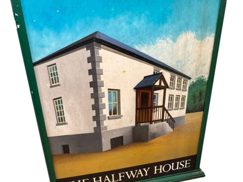 The Halfway House hanging reversible pub sign, 134cm by 109cm. thumbnail