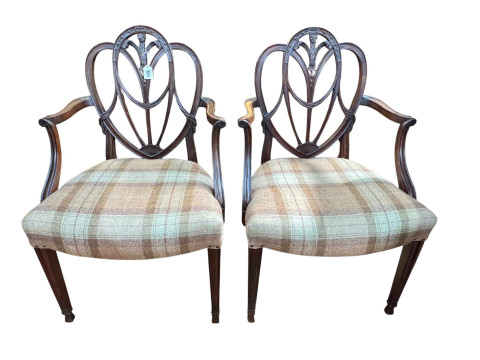 Pair Hepplewhite style mahogany elbow chairs in tartan fabric.