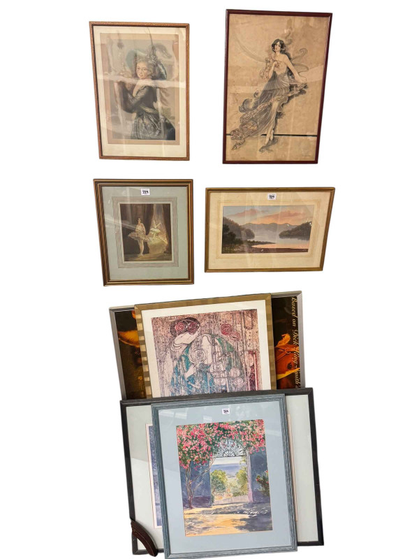Lloyd Loom linen bin, Lloyd Loom fire screen, antique childs rocking chair, three childs chairs, three stools, three movie poster prints and seven various pictures (19).