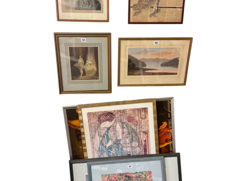 Lloyd Loom linen bin, Lloyd Loom fire screen, antique childs rocking chair, three childs chairs, three stools, three movie poster prints and seven various pictures (19). thumbnail