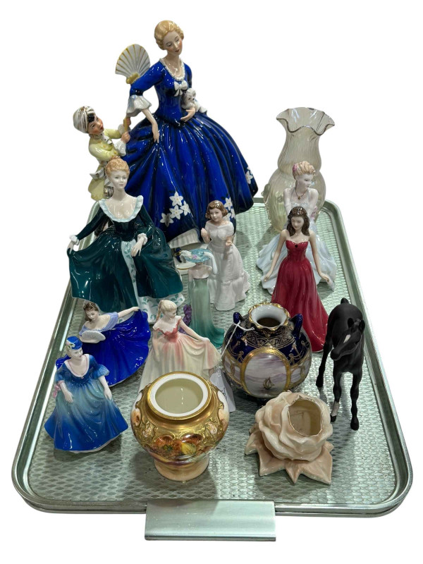Collection of Royal Doulton lady figurines, Royal Worcester 279 fruit jar, Coalport Ladies of Fashion, etc.