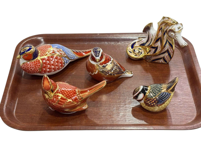 Five Royal Crown Derby paperweights including Seahorse, American Cardinal, etc.
