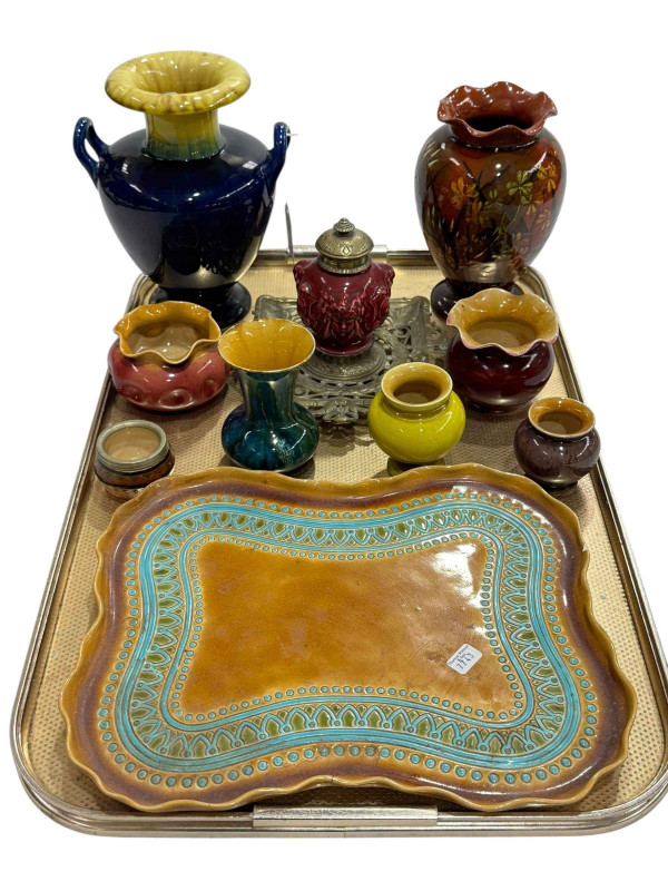 Collection of Linthorpe Pottery including tray 1928, two handled vase 1334, brown floral vase 1619, yellow vase 837, etc.