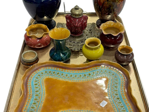 Collection of Linthorpe Pottery including tray 1928, two handled vase...
