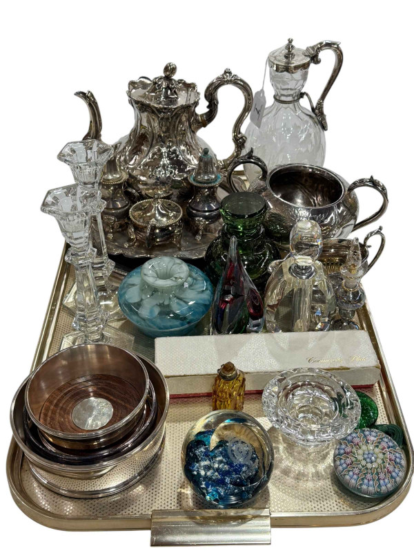 Collection of ornate silver plated wares, Millifiori glass paperweight, pair of glass candlesticks, etc.
