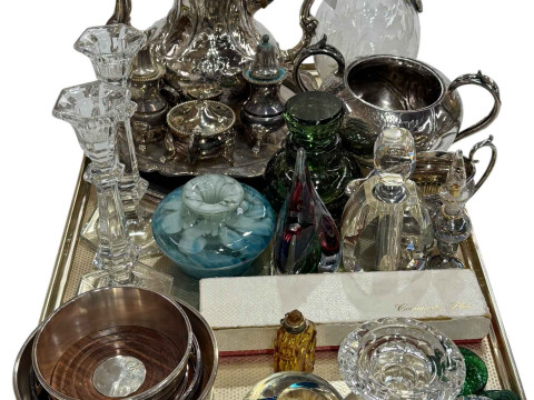 Collection of ornate silver plated wares, Millifiori glass paperweight,...