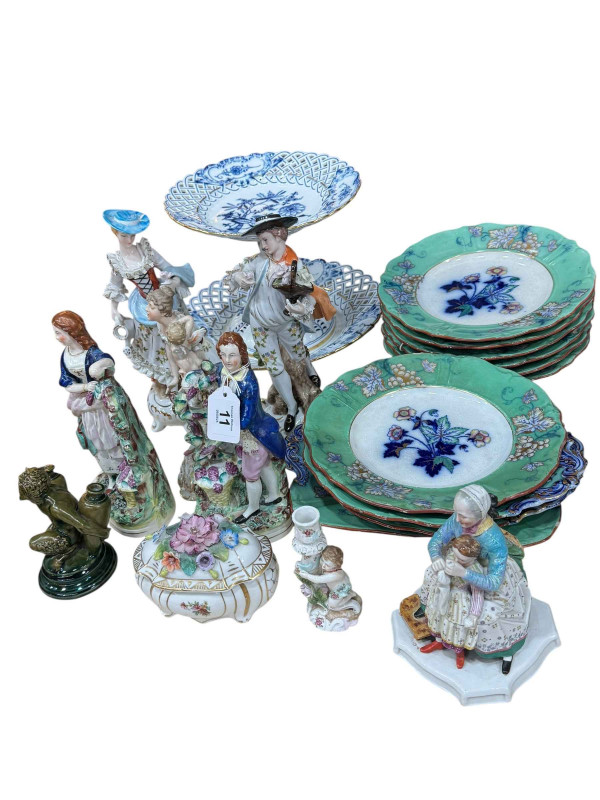 Collection of Continental figures, Staffordshire figures, Victorian dessert service, etc.