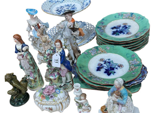 Collection of Continental figures, Staffordshire figures, Victorian dessert...