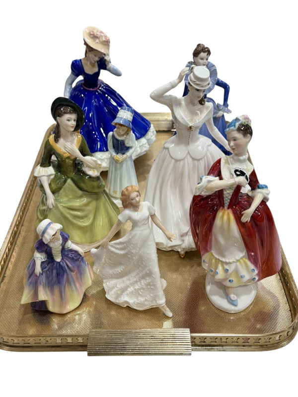 Collection of eight Coalport and Royal Albert lady figurines including Masquerade, Sandra, Mary, etc.