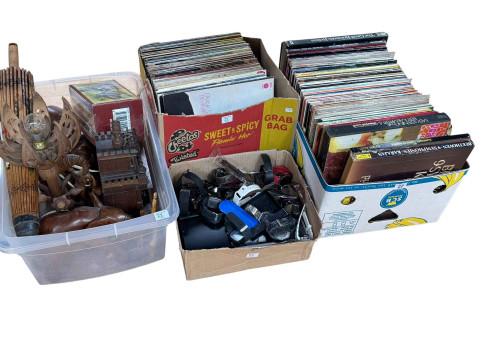 Four boxes of LP records, wristwatches, carved sculptures, parasol, etc.