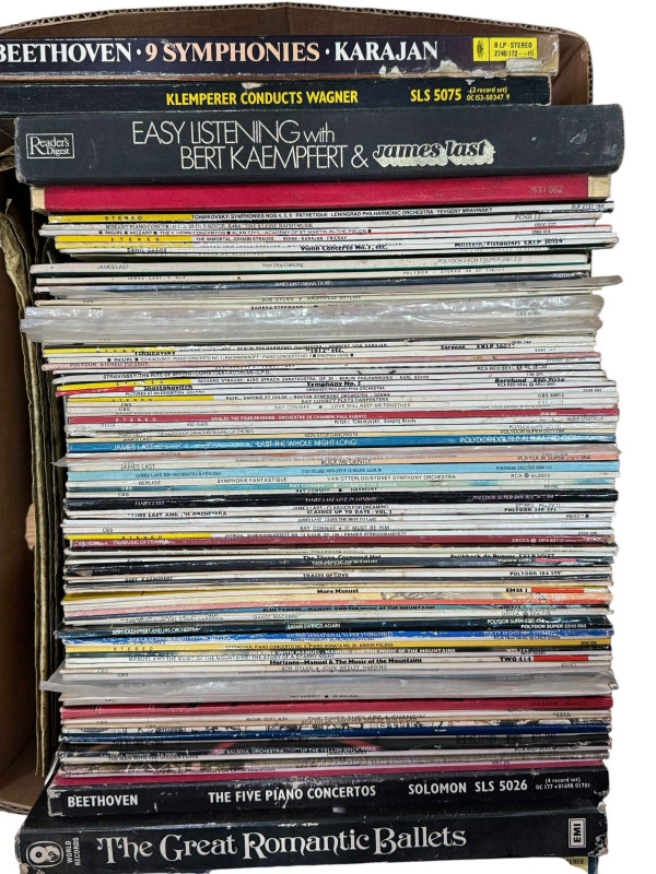 Four boxes of LP records, wristwatches, carved sculptures, parasol, etc.