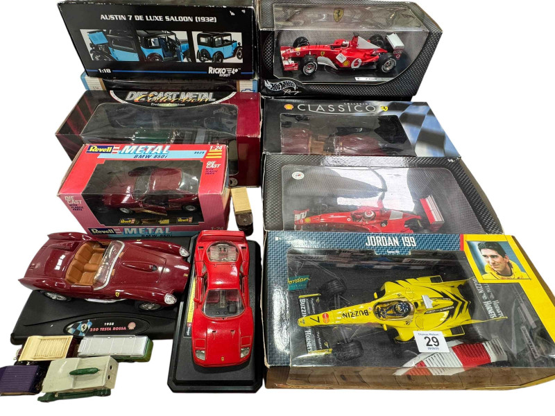 Collection of Diecast vehicles including Hot Wheels Racing Schumacher, Damon Hill Jordan 199, Rubens Barrichello, Hotel Wheels TVR, etc.
