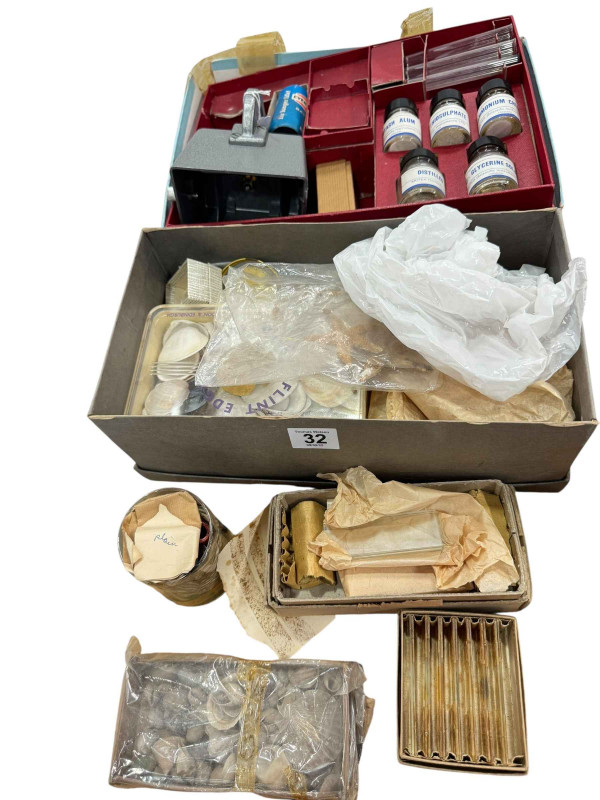 Collection of mircoslides, fossils, testing tubes, etc.