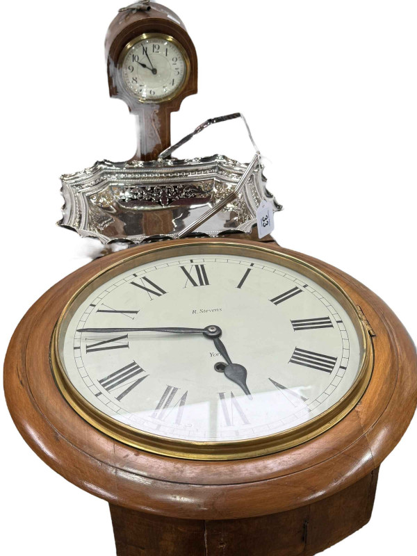 Mahogany inlaid balloon mantel clock, circular wall clock and a silver plate cake basket.