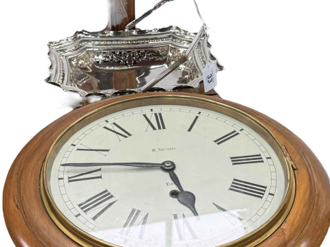 Mahogany inlaid balloon mantel clock, circular wall clock and a silver...