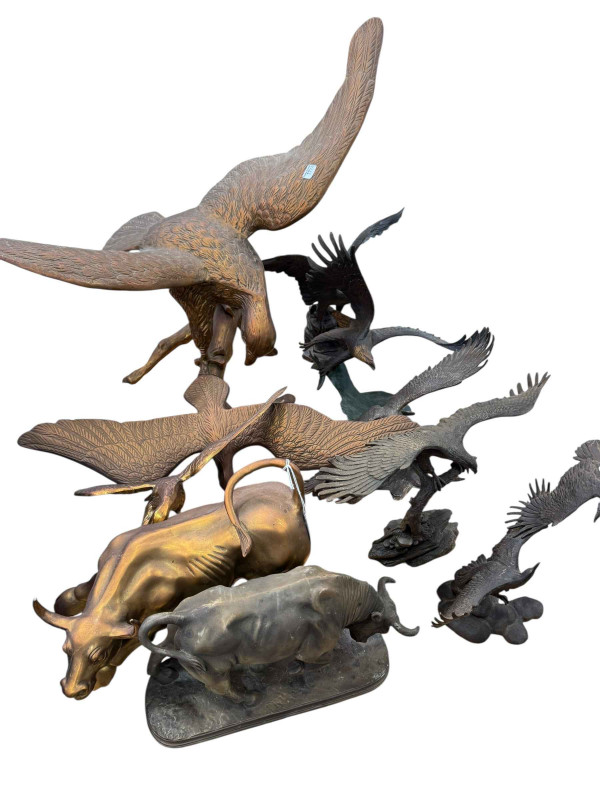 Collection of bronze sculptures by Ronald Van Ruyckevelt (5), cast metal bronzed eagles, etc.