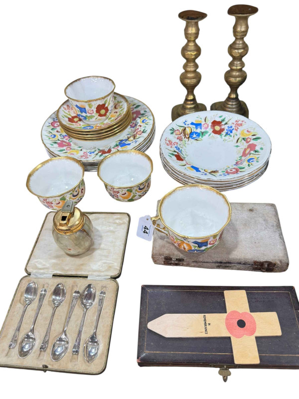 Cased silver spoons, Hammersley china, pair of brass candlesticks, onyx table lighter, etc.