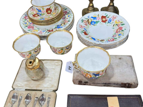 Cased silver spoons, Hammersley china, pair of brass candlesticks, onyx...