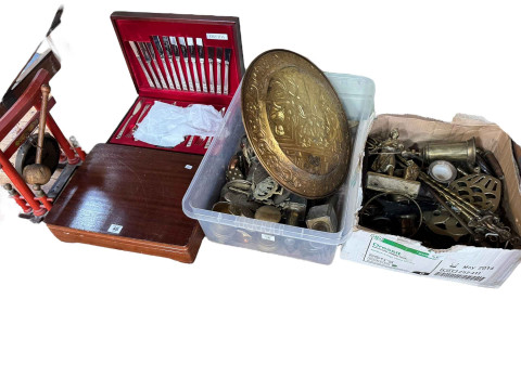 Collection of metalwares, canteens of cutlery, pipe, bellows, etc.