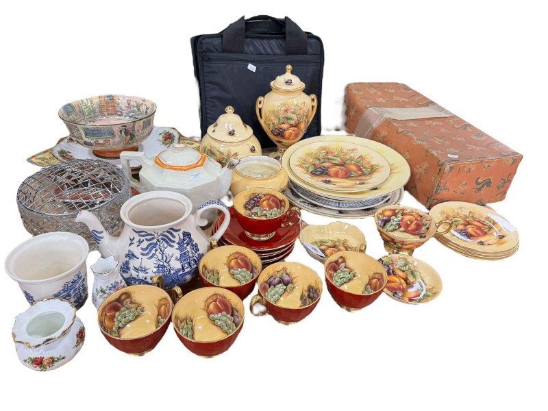 Aynsley Orchard Gold, Gameboy with games and bag, Royal Doulton Dickens Ware bowl, doll, riding boots, etc.