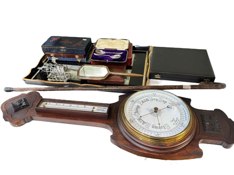 Collection of silver plated wares including cased cutlery, barometer, enamel hand mirror, etc.