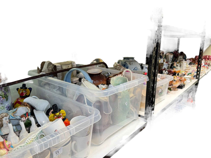 Collection of decorative pottery, Carnival Glass, Bunnykins, Wade Whimsies, Murano Clown, Masons, etc.