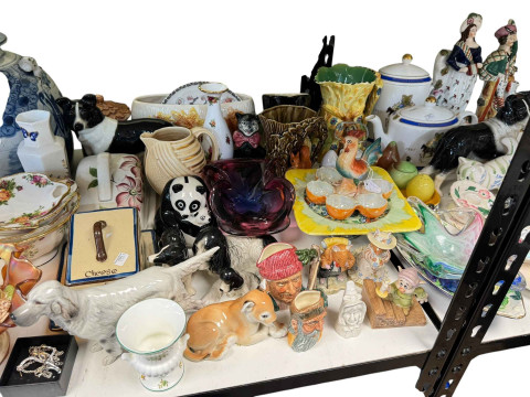 Collection of decorative pottery, Carnival Glass, Bunnykins, Wade Whimsies, Murano Clown, Masons, etc. thumbnail