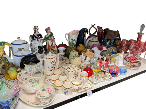 Collection of decorative pottery, Carnival Glass, Bunnykins, Wade Whimsies, Murano Clown, Masons, etc. thumbnail