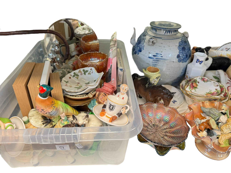 Collection of decorative pottery, Carnival Glass, Bunnykins, Wade Whimsies, Murano Clown, Masons, etc.