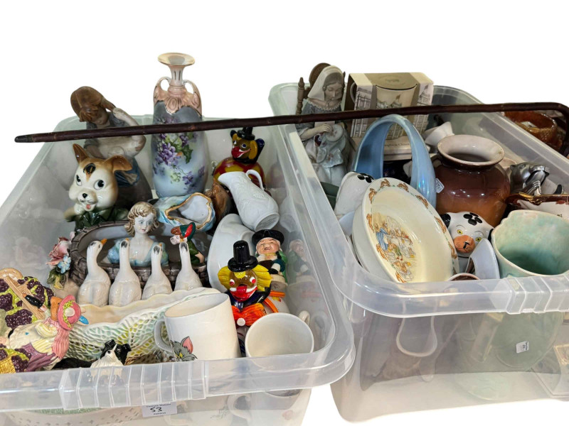 Collection of decorative pottery, Carnival Glass, Bunnykins, Wade Whimsies, Murano Clown, Masons, etc.