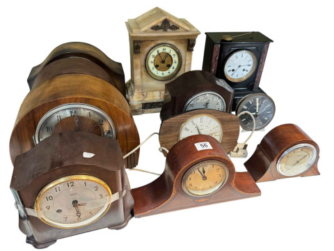Collection of mantel clocks including Mathers & Son, inlaid slate, Smiths...