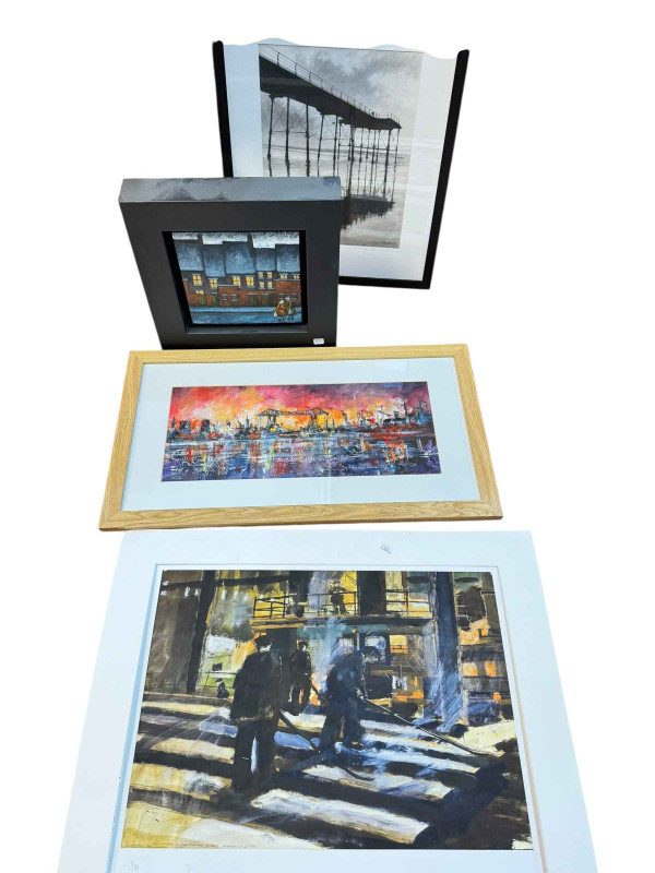 Six drawer display cabinet, mantel clock, decorative pottery, pictures, etc.