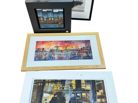 Six drawer display cabinet, mantel clock, decorative pottery, pictures, etc. thumbnail