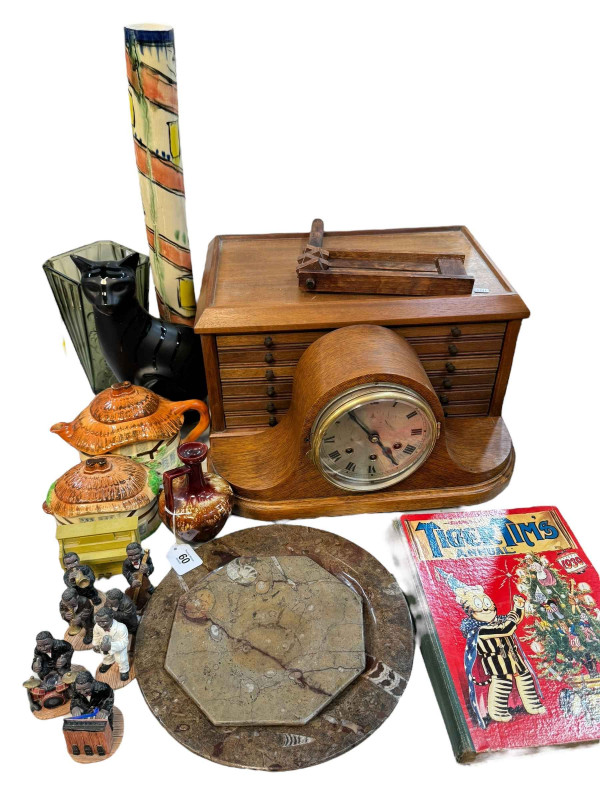 Six drawer display cabinet, mantel clock, decorative pottery, pictures, etc.